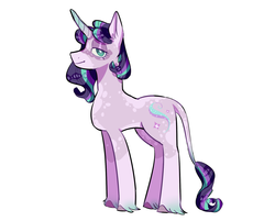 Size: 1870x1502 | Tagged: safe, artist:corporalvortex, part of a set, starlight glimmer, classical unicorn, pony, unicorn, alternate color palette, alternate cutie mark, alternate design, alternate hairstyle, cloven hooves, coat markings, colored fetlocks, colored hooves, colored horn, curved horn, cute, ear fluff, facial markings, female, horn, leonine tail, lidded eyes, looking at you, mare, redesign, simple background, smiling, socks (coat markings), solo, standing, star (coat marking), unshorn fetlocks, white background