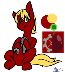 Size: 1404x1566 | Tagged: safe, artist:omegapex, oc, oc only, oc:arkansas black, earth pony, pony, cutie mark, female, green eyes, mare, simple background, sitting, smiling, solo, white background, wrench