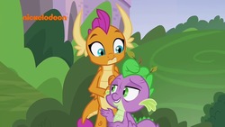 Size: 1280x720 | Tagged: safe, screencap, smolder, spike, dragon, father knows beast, g4, dragoness, duo, female, leaf, male, nickelodeon, winged spike, wings