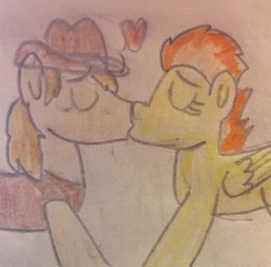 Size: 1987x1955 | Tagged: safe, artist:13mcjunkinm, braeburn, spitfire, pony, g4, duo, female, heart, kiss on the lips, kissing, male, shipping, spitburn, straight, traditional art