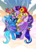 Size: 1000x1400 | Tagged: safe, artist:yeppoh, moondancer, starlight glimmer, sunset shimmer, trixie, twilight sparkle, alicorn, pony, unicorn, g4, chest fluff, clothes, cloud, counterparts, cute, dancerbetes, diatrixes, eyes closed, female, glasses, glimmerbetes, group, group hug, horn, hug, magical quartet, magical quintet, magical trio, mare, one eye closed, quintet, shimmerbetes, sky, sky background, smug, sweater, twiabetes, twilight sparkle (alicorn), twilight's counterparts, winghug, wings