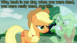 Size: 1280x720 | Tagged: safe, artist:estories, edit, edited screencap, editor:mrdoctorderpy, screencap, applejack, granny smith, ghost, pony, g4, annoyed, caption, dead, image macro, rocko's modern life, rocko's modern life: static cling, spoilers for another series, text, vector