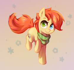 Size: 1722x1625 | Tagged: safe, artist:anonymous, artist:rexyseven, oc, oc only, oc:rusty gears, earth pony, pony, abstract background, clothes, earth pony oc, female, heterochromia, mare, scarf, solo