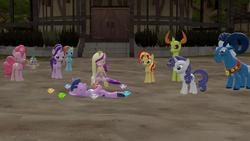 Size: 1280x720 | Tagged: safe, artist:flainfan, grogar, pinkie pie, princess cadance, rainbow dash, rarity, spike, starlight glimmer, sunset shimmer, thorax, twilight sparkle, changedling, changeling, dragon, g4, chaos emerald, dead, king thorax, sonic 06, sonic the hedgehog, sonic the hedgehog (series), town hall, winged spike, wings