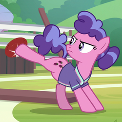 Size: 1026x1027 | Tagged: safe, screencap, berry blend, berry bliss, earth pony, pony, 2 4 6 greaaat, g4, buckball, buckball court, buckball uniform, bucking, clothes, cropped, determined, female, friendship student, jersey, mare, narrowed eyes, shirt, solo