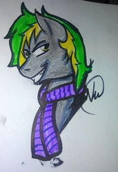 Size: 1152x1681 | Tagged: safe, oc, oc only, oc:vermont black, earth pony, pony, clothes, grin, looking at you, male, scarf, smiling, smug, solo, stallion, traditional art
