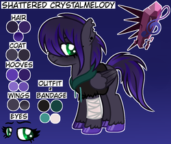 Size: 1280x1077 | Tagged: safe, artist:calibykitty, oc, oc only, oc:shattered crystalmelody, pegasus, pony, bandage, base used, clothes, colored hooves, colored wings, ear piercing, earring, female, gradient background, gradient mane, gradient wings, hoodie, jewelry, music notes, piercing, reference sheet, solo, torn ear, torn sleeves, wings