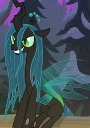 Size: 506x718 | Tagged: safe, screencap, queen chrysalis, changeling, changeling queen, frenemies (episode), g4, cropped, female, grin, sitting, smiling, solo