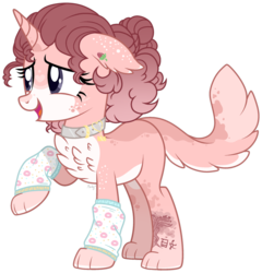 Size: 876x913 | Tagged: safe, artist:mintoria, oc, oc only, oc:strawberry cheesecake, hybrid, pony, unicorn, chest fluff, collar, female, leg warmers, mare, paws, simple background, solo, transparent background