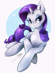 Size: 1858x2454 | Tagged: safe, artist:moondrop, rarity, pony, unicorn, g4, abstract background, female, lidded eyes, mare, prone, smiling, solo