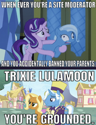 Size: 639x828 | Tagged: safe, edit, edited screencap, editor:undeadponysoldier, screencap, jack pot, starlight glimmer, sunflower spectacle, trixie, pony, unicorn, g4, assistant, caption, castle, derp, door, faic, female, full name, funny, grounded, hoof on chest, image macro, impact font, male, mare, meme, mods, parent, relatable, scared, ship:jacktacle, silly, stallion, text, trixie's parents, you're grounded
