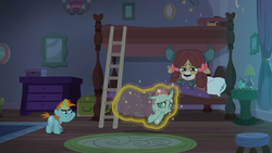 Size: 1920x1080 | Tagged: safe, screencap, ocellus, snips, yona, changedling, changeling, pony, unicorn, yak, 2 4 6 greaaat, g4, bedroom, blanket, bunk bed, colt, dormitory, dresser, female, glowing horn, horn, ladder, magic, male, roommates, rug, school of friendship, stool, telekinesis, waking up, whistle, whistle necklace