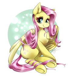 Size: 2000x2230 | Tagged: safe, artist:moondrop, fluttershy, pegasus, pony, g4, abstract background, female, high res, looking at you, mare, raised hoof, sitting, smiling, solo, three quarter view, underhoof, wings