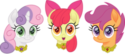 Size: 1500x655 | Tagged: safe, artist:cloudy glow, apple bloom, scootaloo, sweetie belle, earth pony, pegasus, pony, unicorn, g4, bow, cute, cutie mark crusaders, element of honesty, element of loyalty, element of magic, elements of harmony, female, looking at you, movie accurate, simple background, smiling, transparent background, trio