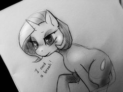 Size: 3968x2976 | Tagged: safe, artist:moondrop, oc, oc only, oc:drip moondrop, pony, unicorn, cute, female, high res, mare, monochrome, sketch, solo, tired, traditional art