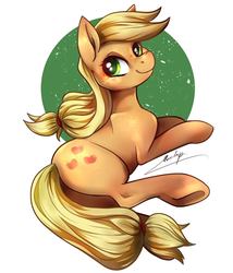 Size: 854x1000 | Tagged: safe, artist:moondrop, applejack, earth pony, pony, g4, applebutt, female, hatless, looking at you, looking back, looking back at you, lying, lying down, mare, missing accessory, prone, relaxing, smiling, solo