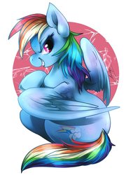 Size: 718x1000 | Tagged: safe, artist:moondrop, rainbow dash, pegasus, pony, g4, abstract background, confident, cute, female, grin, mare, smiling, solo