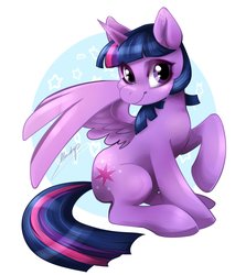 Size: 1280x1504 | Tagged: safe, artist:moondrop, twilight sparkle, alicorn, pony, g4, abstract background, cute, cutie mark, female, mare, raised hoof, sitting, smiling, solo, twiabetes, twilight sparkle (alicorn), wings