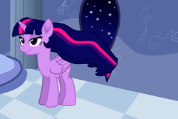 Size: 2000x1336 | Tagged: safe, alternate version, artist:theonewithoutaname, twilight sparkle, alicorn, pony, g4, animated, commission, cute, ethereal mane, female, hilarious in hindsight, long mane, majestic as fuck, no sound, out of character, solo, tail, twilight sparkle (alicorn), webm, wind, windswept mane, wings