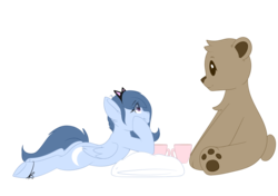 Size: 2893x2039 | Tagged: safe, artist:xcinnamon-twistx, oc, oc only, oc:moon dust, pegasus, pony, cat ears, cup, cute, eye clipping through hair, food, high res, looking up, paw pads, paws, plushie, simple background, solo, tea, teacup, teddy bear, transparent background, underpaw, ych result