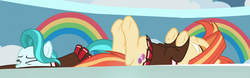 Size: 1280x400 | Tagged: safe, screencap, lighthoof, shimmy shake, earth pony, pony, 2 4 6 greaaat, g4, clothes, cropped, cutie mark, female, mare, on back, pleated skirt, prone, school of friendship, skirt, technically an upskirt shot, upskirt