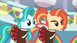Size: 640x360 | Tagged: safe, screencap, lighthoof, shimmy shake, earth pony, pony, 2 4 6 greaaat, g4, animated, clothes, cute, duo, female, gif, mare, pleated skirt, ponytail, school of friendship, skirt