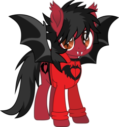 Size: 922x987 | Tagged: safe, artist:lightningbolt, derpibooru exclusive, bat pony, pony, g4, .svg available, bat wings, clandestine industries, clothes, colored pupils, ear fluff, fall out boy, fangs, hair over one eye, hoodie, looking at you, male, messy mane, messy tail, movie accurate, pete wentz, ponified, shirt, simple background, slit pupils, solo, spread wings, stallion, svg, transparent background, undershirt, vector, wings