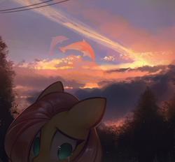 Size: 1602x1486 | Tagged: safe, artist:mirroredsea, fluttershy, dolphin, pegasus, pony, sky whale, g4, crying, cute, female, floppy ears, mare, no pupils, sad, sadorable, scenery, shyabetes, solo, tree