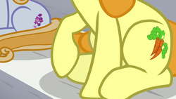 Size: 1920x1080 | Tagged: safe, screencap, carrot top, golden harvest, summer meadow, earth pony, pony, unicorn, 2 4 6 greaaat, g4, close-up, cutie mark, female, friendship student, mare, raised hoof, sitting
