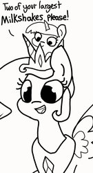 Size: 1104x2048 | Tagged: safe, artist:tjpones, princess celestia, twilight sparkle, alicorn, pony, g4, cute, cutelestia, dialogue, duo, female, filly, filly twilight sparkle, momlestia, monochrome, open mouth, ponies riding ponies, pony hat, riding, size difference, sketch, smol, twiabetes, twilight riding celestia, younger