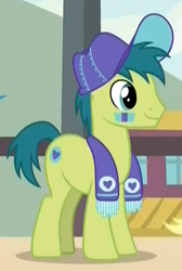 Size: 319x475 | Tagged: safe, screencap, team spirit, earth pony, pony, common ground, g4, background pony, baseball cap, cap, clothes, hat, male, scarf, solo, stallion