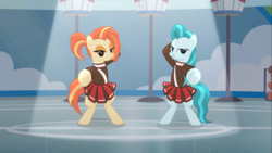 Size: 1360x765 | Tagged: safe, screencap, lighthoof, shimmy shake, earth pony, pony, 2 4 6 greaaat, g4, bedroom eyes, bipedal, cheerleader, cheerleader outfit, clothes, female, grin, lidded eyes, looking at you, mare, pleated skirt, pointing, pointing at you, ponytail, skirt, smiling