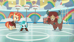 Size: 480x270 | Tagged: safe, screencap, lighthoof, rainbow dash, shimmy shake, yona, earth pony, pegasus, pony, yak, 2 4 6 greaaat, g4, animated, between legs, buckball field, cheerleader outfit, clothes, female, gif, hay bale, mare, pleated skirt, ponytail, school of friendship, shaking, skirt, stomping, supercut