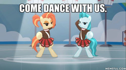 Size: 600x337 | Tagged: safe, edit, edited screencap, screencap, lighthoof, shimmy shake, pony, 2 4 6 greaaat, g4, cheerleader, cheerleader outfit, clothes, dance floor, inviting, memeful.com, movie reference, standing, the shining