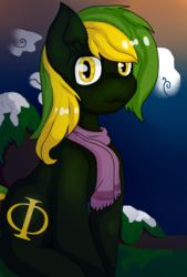 Size: 374x552 | Tagged: safe, artist:mootsarts, oc, oc only, oc:vermont black, earth pony, pony, clothes, cloud, gradient background, looking at you, male, mountain, phi, scarf, sittin, snow, solo, stallion