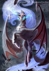 Size: 1015x1476 | Tagged: safe, artist:begasus, nightmare moon, alicorn, pony, g4, female, flying, glowing horn, horn, hybrid wings, magic, magic aura, mare, slit pupils, solo, spread wings, wings