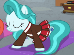 Size: 640x480 | Tagged: safe, screencap, lighthoof, shimmy shake, pony, 2 4 6 greaaat, g4, animated, animation error, clothes, cute, cutie mark, downward dog, face down ass up, female, gif, great moments in animation, lightorable, pleated skirt, school of friendship, skirt, skirt lift