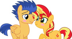 Size: 4808x2594 | Tagged: safe, artist:mlp-touchscreen, flash sentry, sunset shimmer, pony, unicorn, g4, blushing, cute, female, looking at each other, male, ship:flashimmer, shipping, straight, vector
