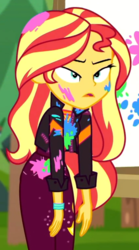 Size: 425x762 | Tagged: safe, screencap, sunset shimmer, equestria girls, equestria girls specials, g4, my little pony equestria girls: better together, my little pony equestria girls: sunset's backstage pass, cropped, female, messy, messy hair, paint, solo