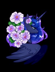 Size: 3100x4000 | Tagged: safe, artist:annakitsun3, princess luna, alicorn, pony, g4, black background, bust, female, flower, jewelry, lidded eyes, mare, peytral, portrait, regalia, simple background, smiling, solo, spread wings, wings