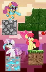 Size: 2000x3090 | Tagged: safe, artist:annakitsun3, apple bloom, scootaloo, sweetie belle, earth pony, pegasus, pony, unicorn, g4, apple, armor, bow, cutie mark crusaders, diamond armor, diamond pickaxe, diamond sword, female, filly, food, hair bow, high res, minecraft, mouth hold, obtrusive watermark, ore, pickaxe, sword, tongue out, tree, watermark, weapon