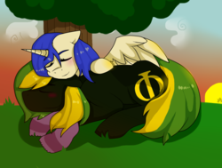 Size: 874x662 | Tagged: safe, oc, oc:artyste, oc:vermont black, alicorn, earth pony, pony, blushing, clothes, cloud, couple, male, oc x oc, one wing out, phi, prone, resting, scarf, shipping, stallion, sun, sunset, tree, wings