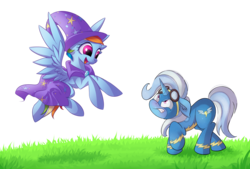 Size: 4000x2700 | Tagged: safe, alternate version, artist:autumnvoyage, artist:lordvaltasar, rainbow dash, trixie, pony, g4, accessory swap, angry, cape, clothes, clothes swap, collaboration, cute, dashabetes, duo, flying, goggles, grass, hat, looking at each other, scowl, simple background, spread wings, transparent background, trixie is not amused, trixie's cape, trixie's hat, unamused, uniform, wings, wonderbolts uniform
