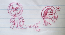 Size: 3009x1631 | Tagged: safe, artist:binkyt11, derpy hooves, marble pie, earth pony, pegasus, pony, g4, :o, bubble, bust, female, heart, lined paper, looking at you, mare, one eye closed, open mouth, pictogram, traditional art, wink