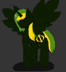 Size: 574x626 | Tagged: safe, oc, oc only, oc:vermont black, alicorn, pony, clothes, eyes closed, joke, male, phi, raised hoof, scarf, scarfless monty, simple background, solo, spread wings, stallion, wings