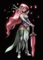 Size: 900x1242 | Tagged: safe, artist:maaronn, fluttershy, butterfly, elf, human, g4, armor, black background, description at source, description is relevant, elf ears, fantasy class, female, high heels, humanized, shoes, simple background, solo, sword, weapon, windswept hair
