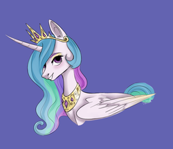 Size: 771x663 | Tagged: safe, artist:theo-0, princess celestia, alicorn, pony, g4, blue background, bust, eyeshadow, female, hair over one eye, jewelry, looking at you, makeup, mare, portrait, regalia, signature, simple background, smiling, solo