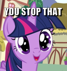 Size: 386x412 | Tagged: safe, edit, edited screencap, screencap, twilight sparkle, alicorn, pony, g4, pinkie pride, caption, cropped, cute, female, image macro, mare, open mouth, scooby-doo!, smiling, text, twiabetes, twilight sparkle (alicorn), you stop that