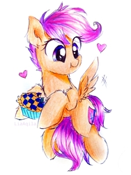 Size: 2322x3096 | Tagged: safe, artist:liaaqila, scootaloo, pegasus, pony, g4, cute, cutealoo, female, filly, food, heart, high res, pie, scootaloo can fly, simple background, solo, traditional art, white background