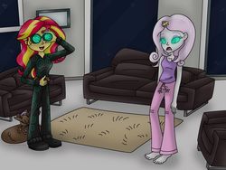 Size: 1024x768 | Tagged: safe, artist:lavenderrain24, fleur-de-lis, sunset shimmer, oc, oc:mez-mare-a, equestria girls, g4, antagonist, barefoot, catsuit, clothes, feet, goggles, hypnosis, hypnotized, night, pajamas, power ponies oc, spirals, supervillain, swirly eyes, tank top, thief, villainess